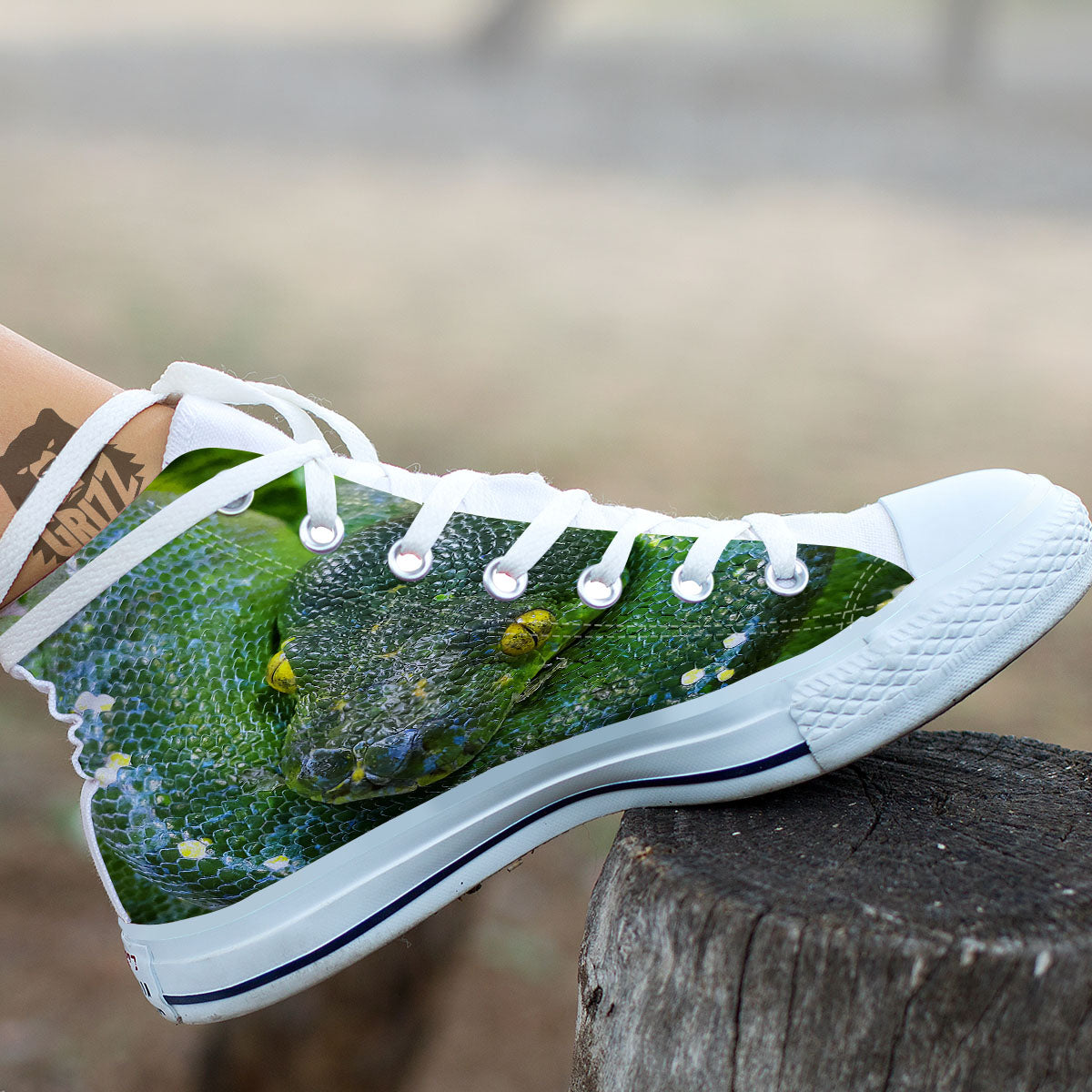 Python Snake Green Reticulated Print White High Top Shoes-grizzshop
