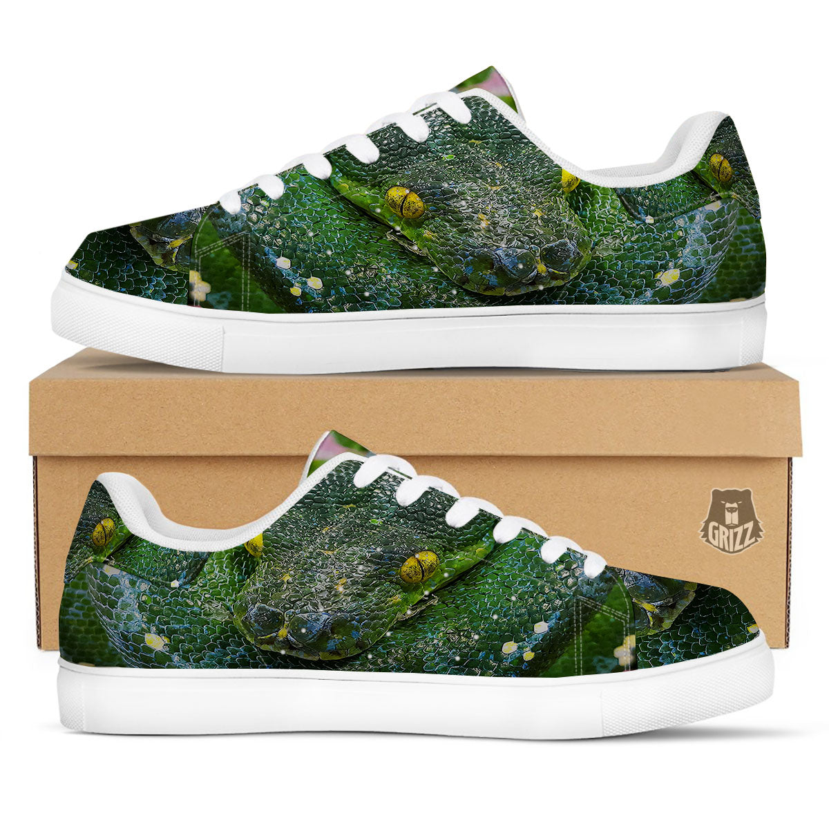 Python Snake Green Reticulated Print White Low Top Sneakers-grizzshop