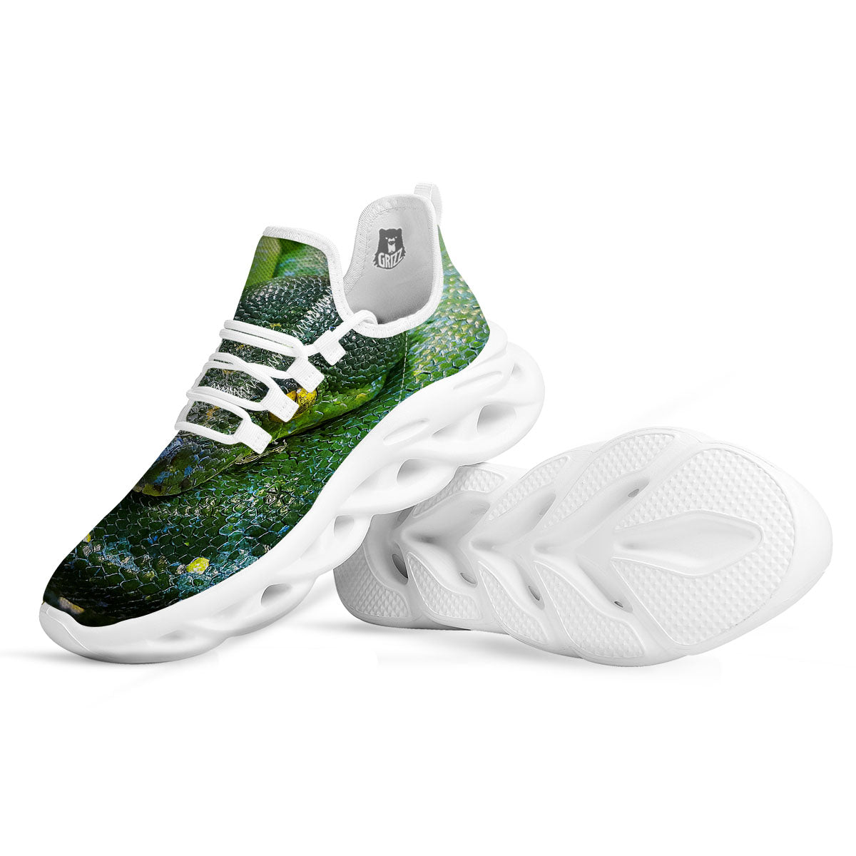 Python Snake Green Reticulated Print White Running Shoes-grizzshop