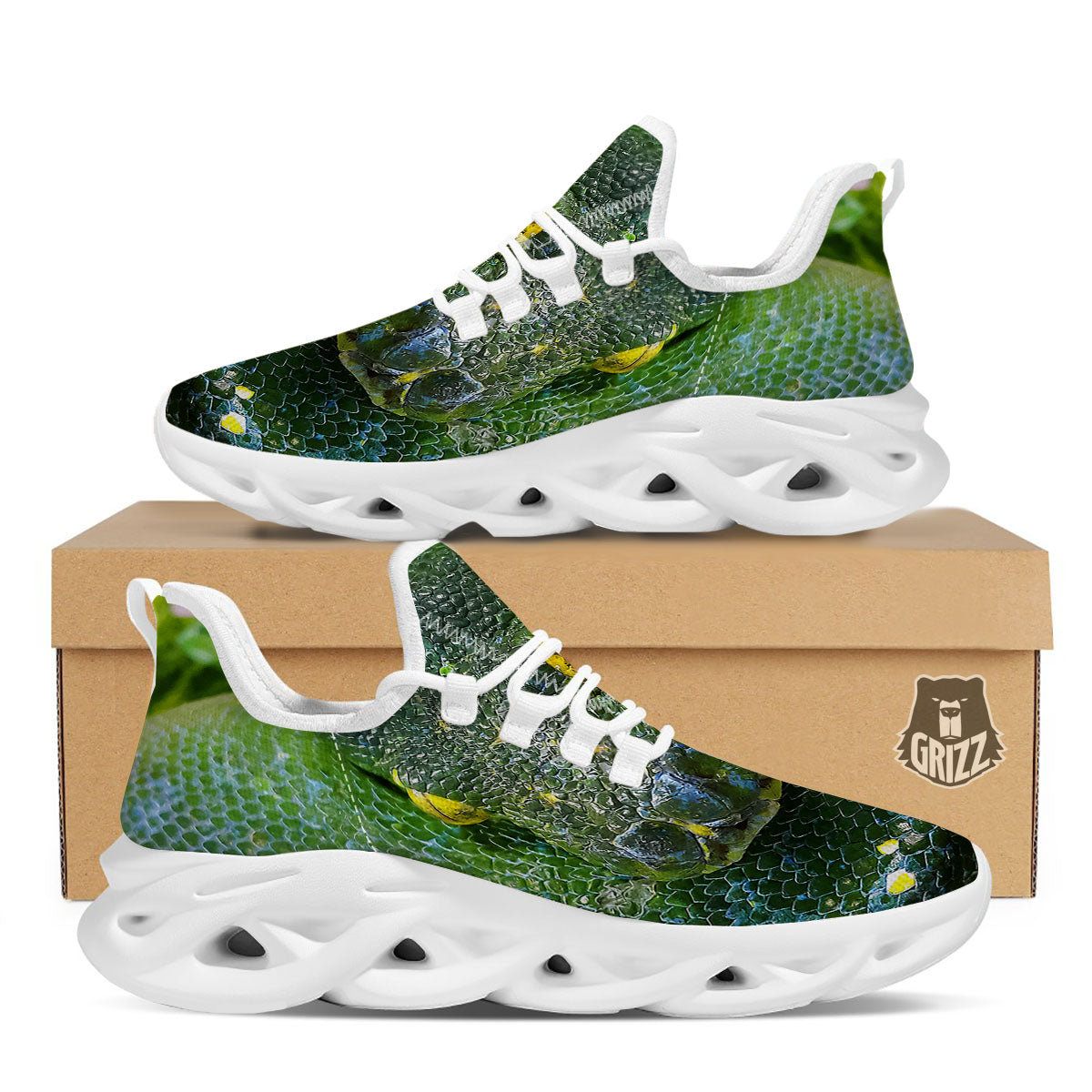 Python Snake Green Reticulated Print White Running Shoes-grizzshop