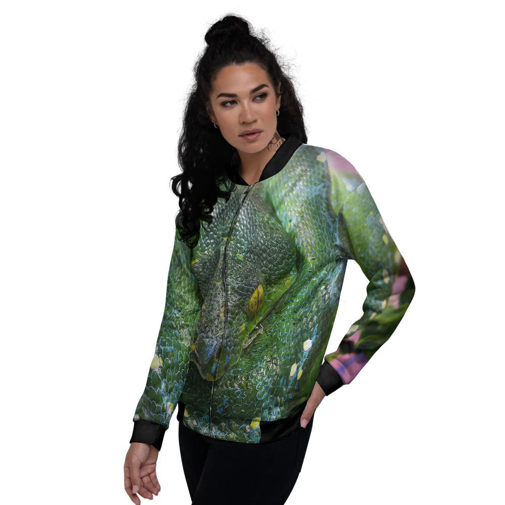 Python Snake Green Reticulated Print Women's Bomber Jacket-grizzshop