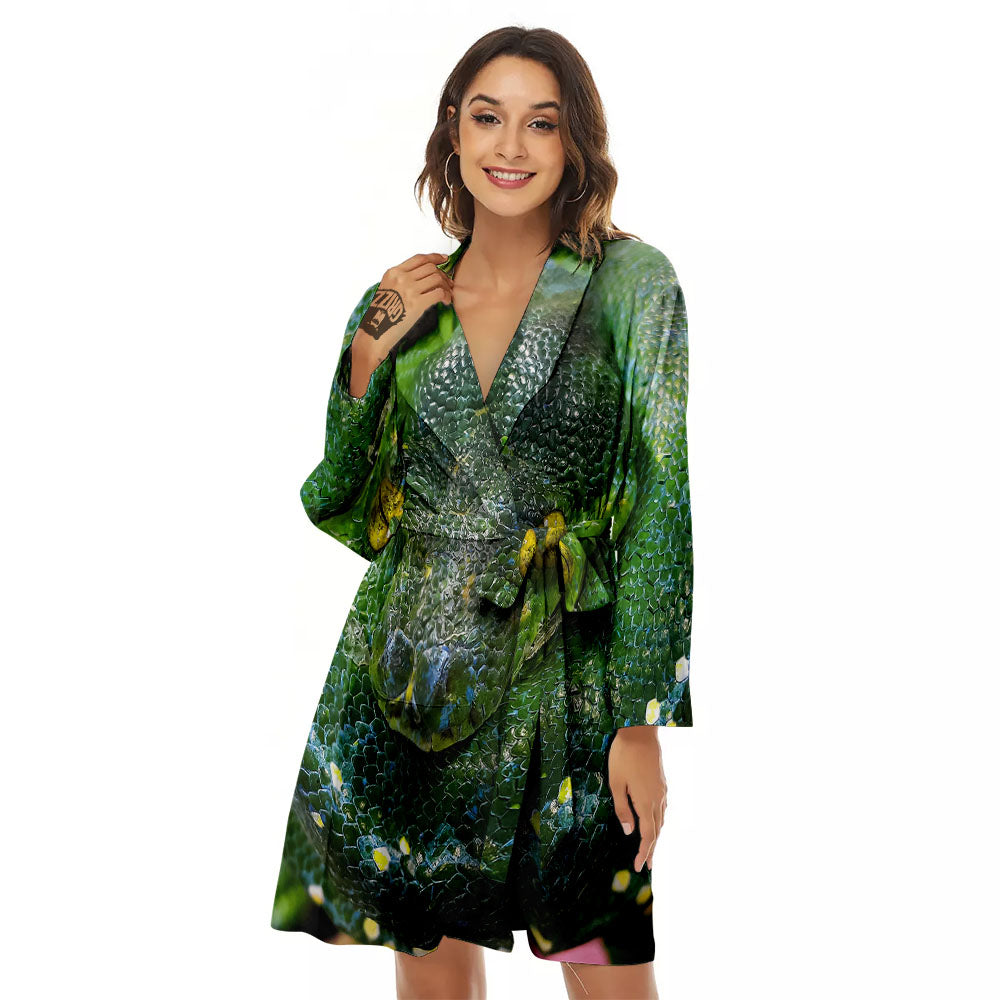 Python Snake Green Reticulated Print Women's Robe-grizzshop