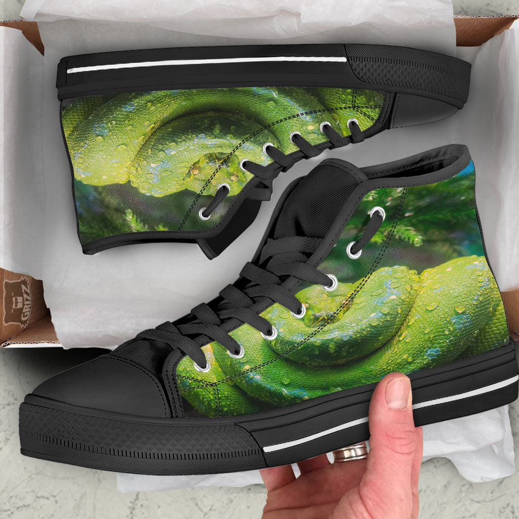 Python Snake Green Tree Print Black High Top Shoes-grizzshop