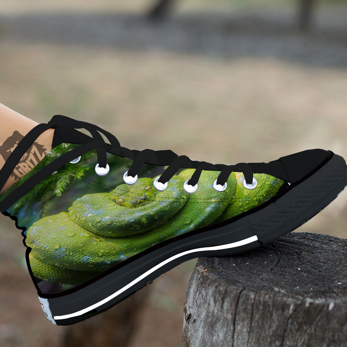 Python Snake Green Tree Print Black High Top Shoes-grizzshop