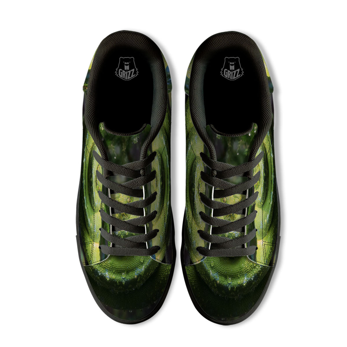 Python Snake Green Tree Print Black Low Top Sneakers-grizzshop