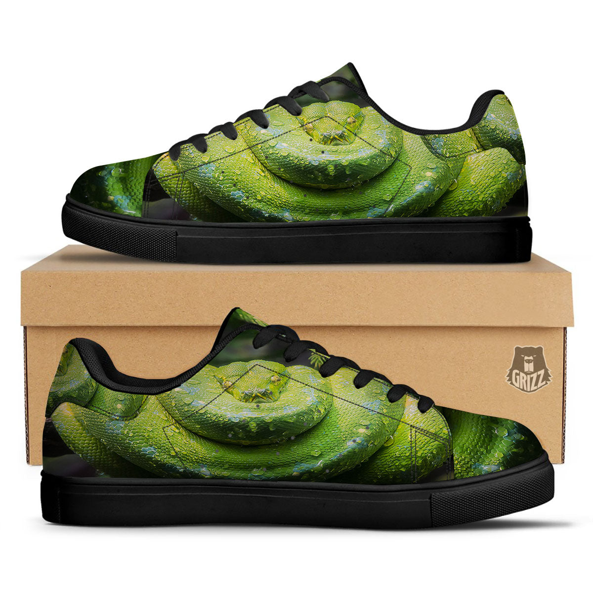 Python Snake Green Tree Print Black Low Top Sneakers-grizzshop