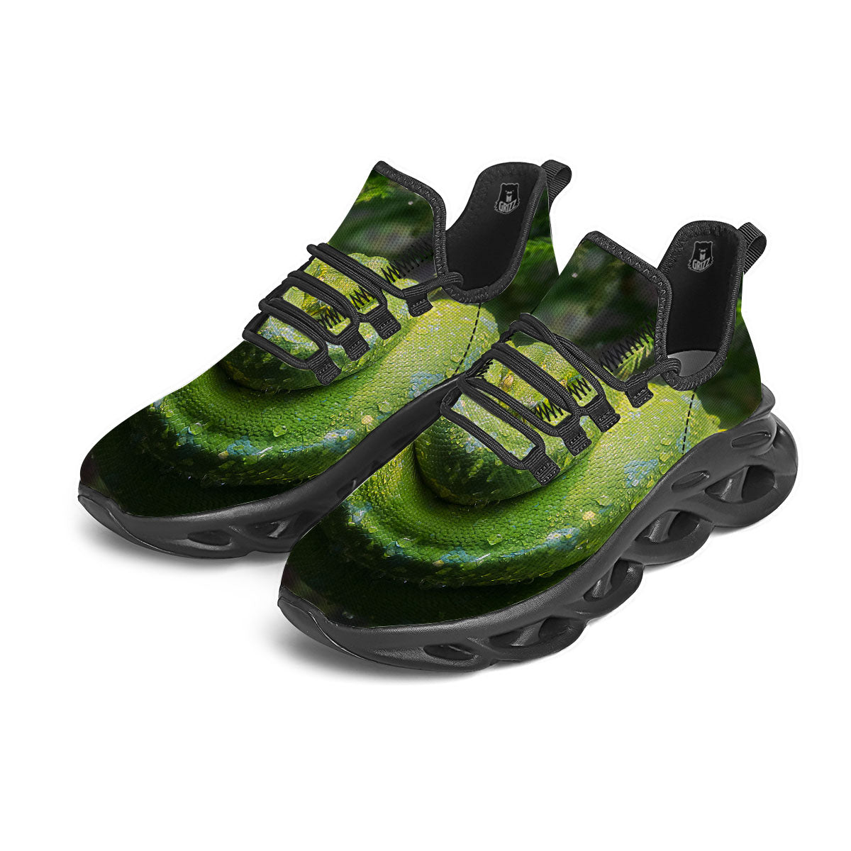 Python Snake Green Tree Print Black Running Shoes-grizzshop