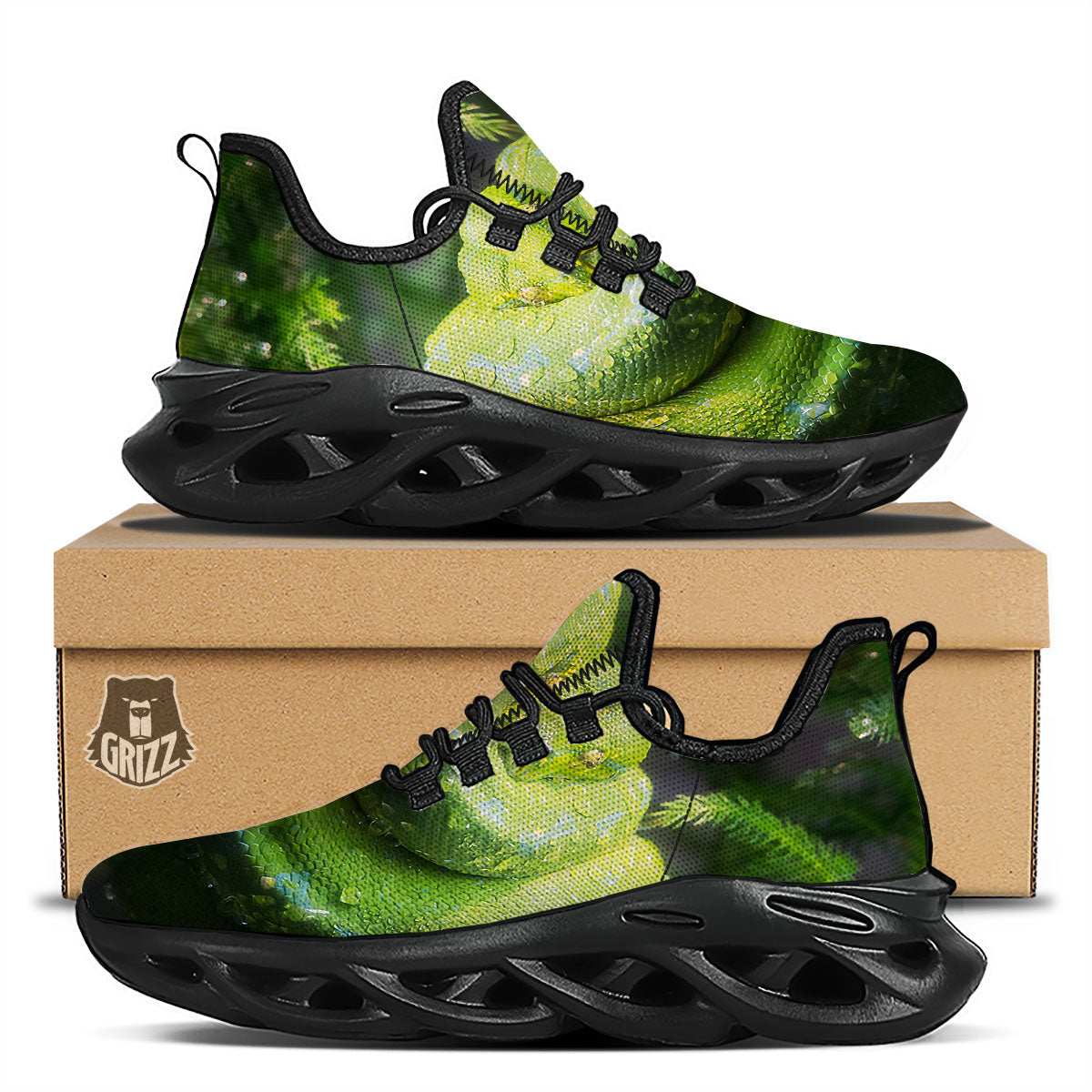 Python Snake Green Tree Print Black Running Shoes-grizzshop