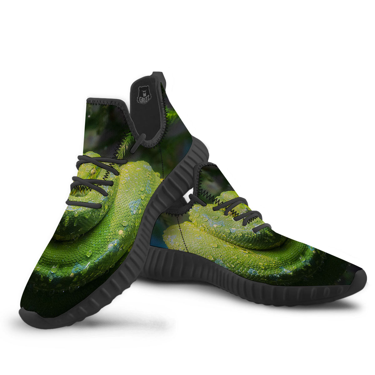 Python Snake Green Tree Print Black Walking Shoes-grizzshop
