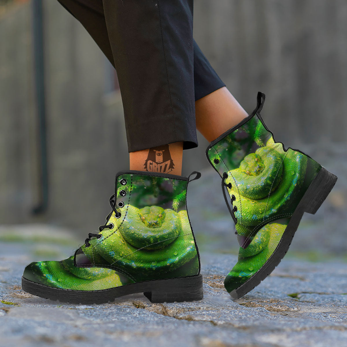 Python Snake Green Tree Print Leather Boots-grizzshop