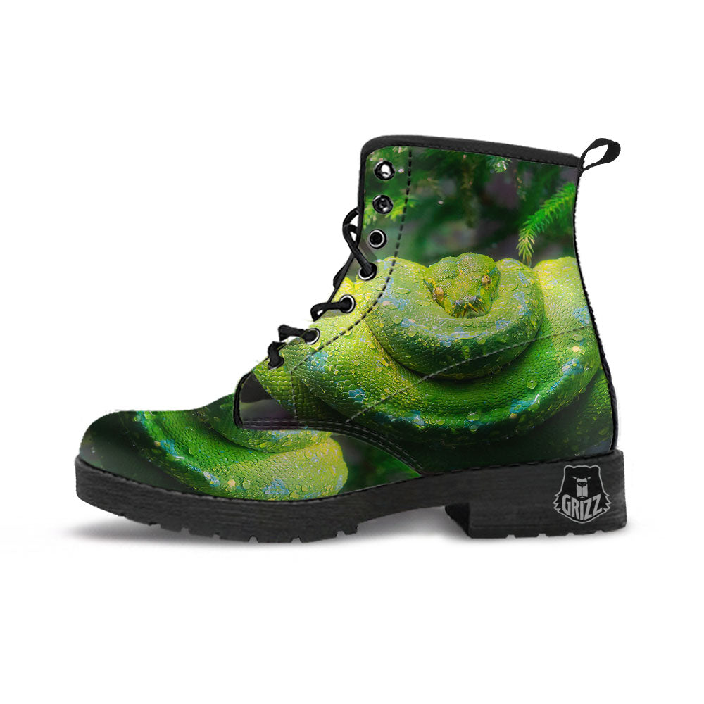Python Snake Green Tree Print Leather Boots-grizzshop
