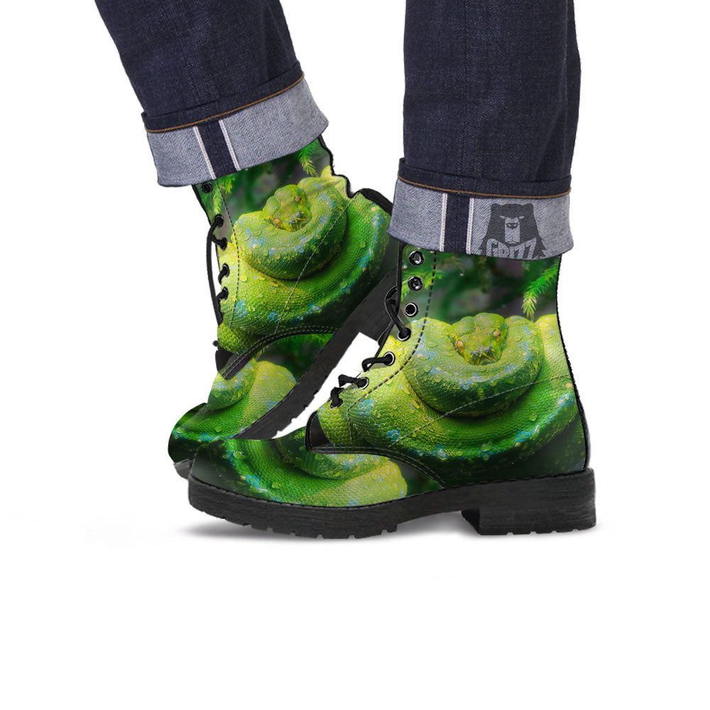 Python Snake Green Tree Print Leather Boots-grizzshop