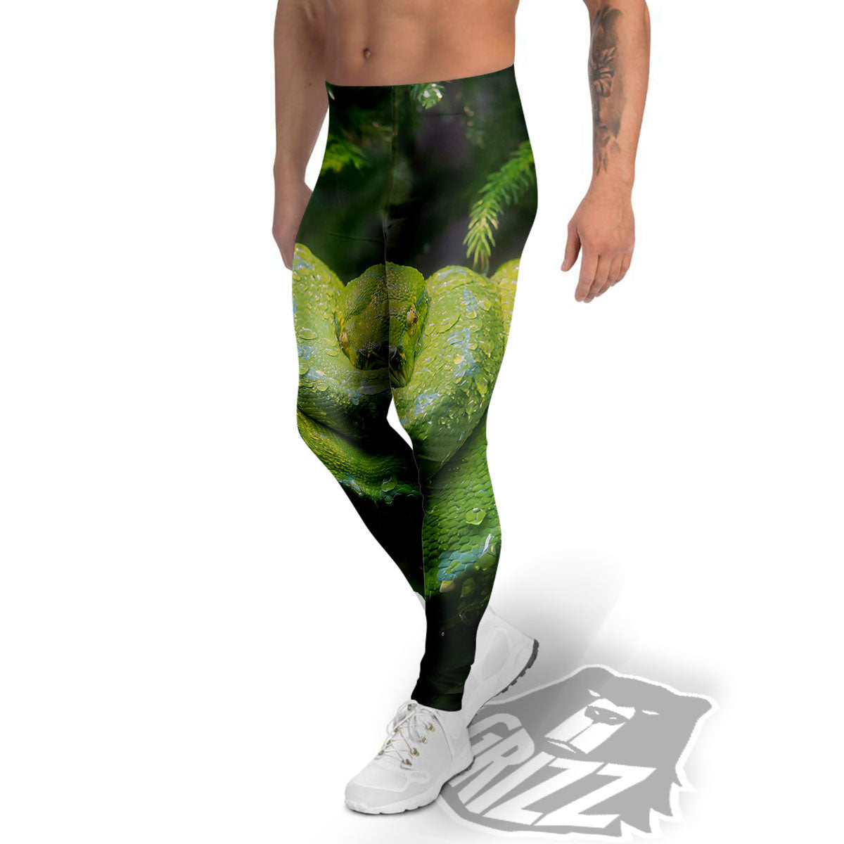 Python Snake Green Tree Print Men's Leggings-grizzshop