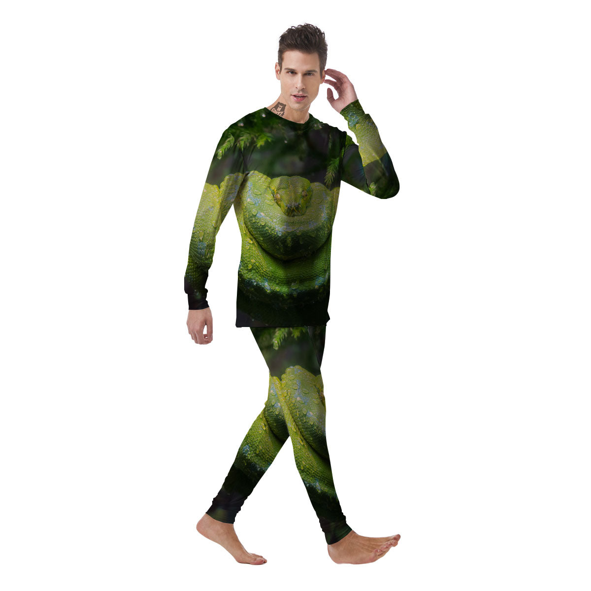 Python Snake Green Tree Print Men's Pajamas-grizzshop