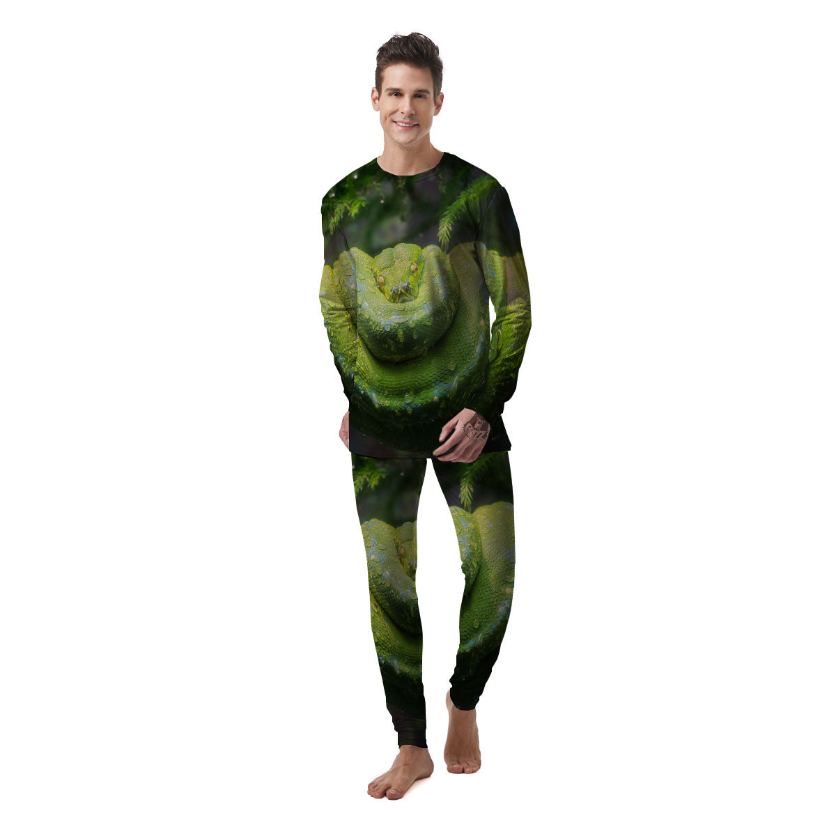 Python Snake Green Tree Print Men's Pajamas-grizzshop