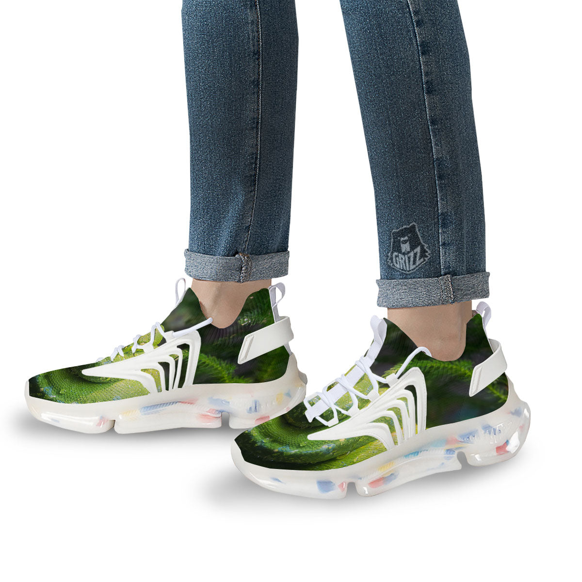 Python Snake Green Tree Print White Gym Shoes-grizzshop