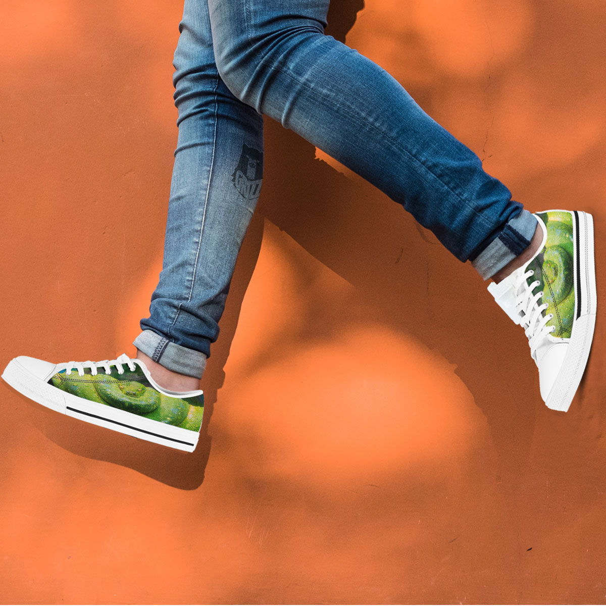 Python Snake Green Tree Print White Low Top Shoes-grizzshop