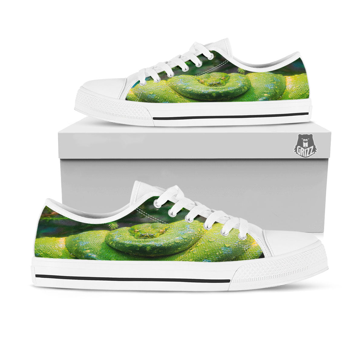 Python Snake Green Tree Print White Low Top Shoes-grizzshop