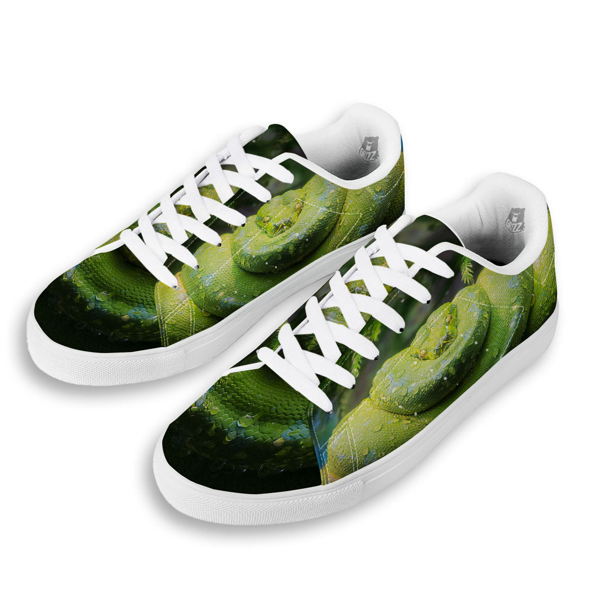 Python Snake Green Tree Print White Low Top Sneakers-grizzshop