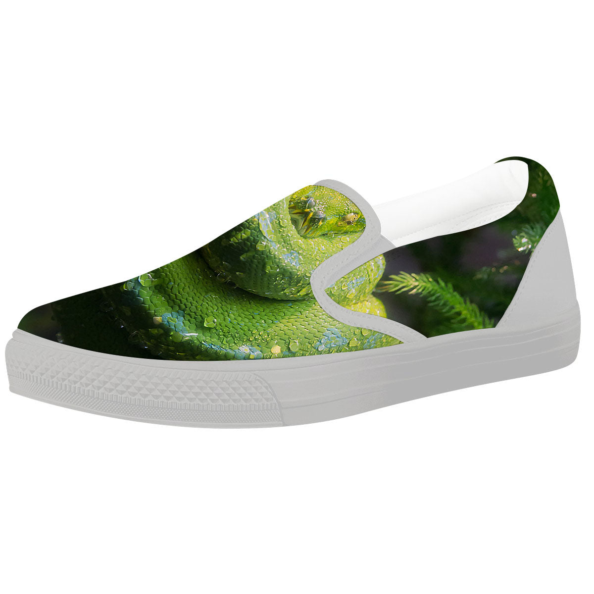 Python Snake Green Tree Print White Slip On Shoes-grizzshop