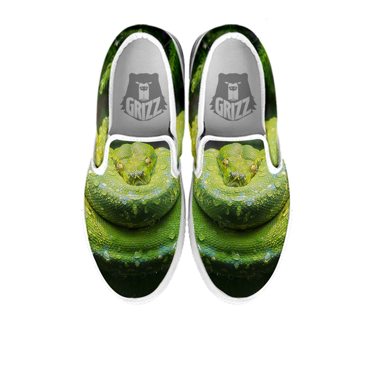 Python Snake Green Tree Print White Slip On Shoes-grizzshop