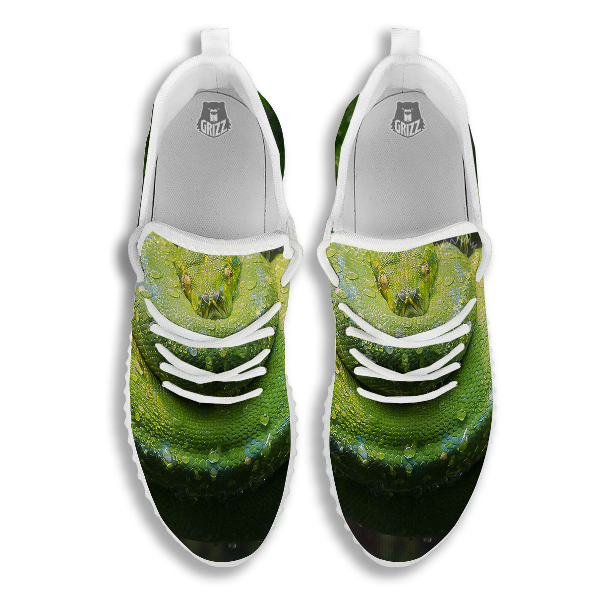Python Snake Green Tree Print White Walking Shoes-grizzshop