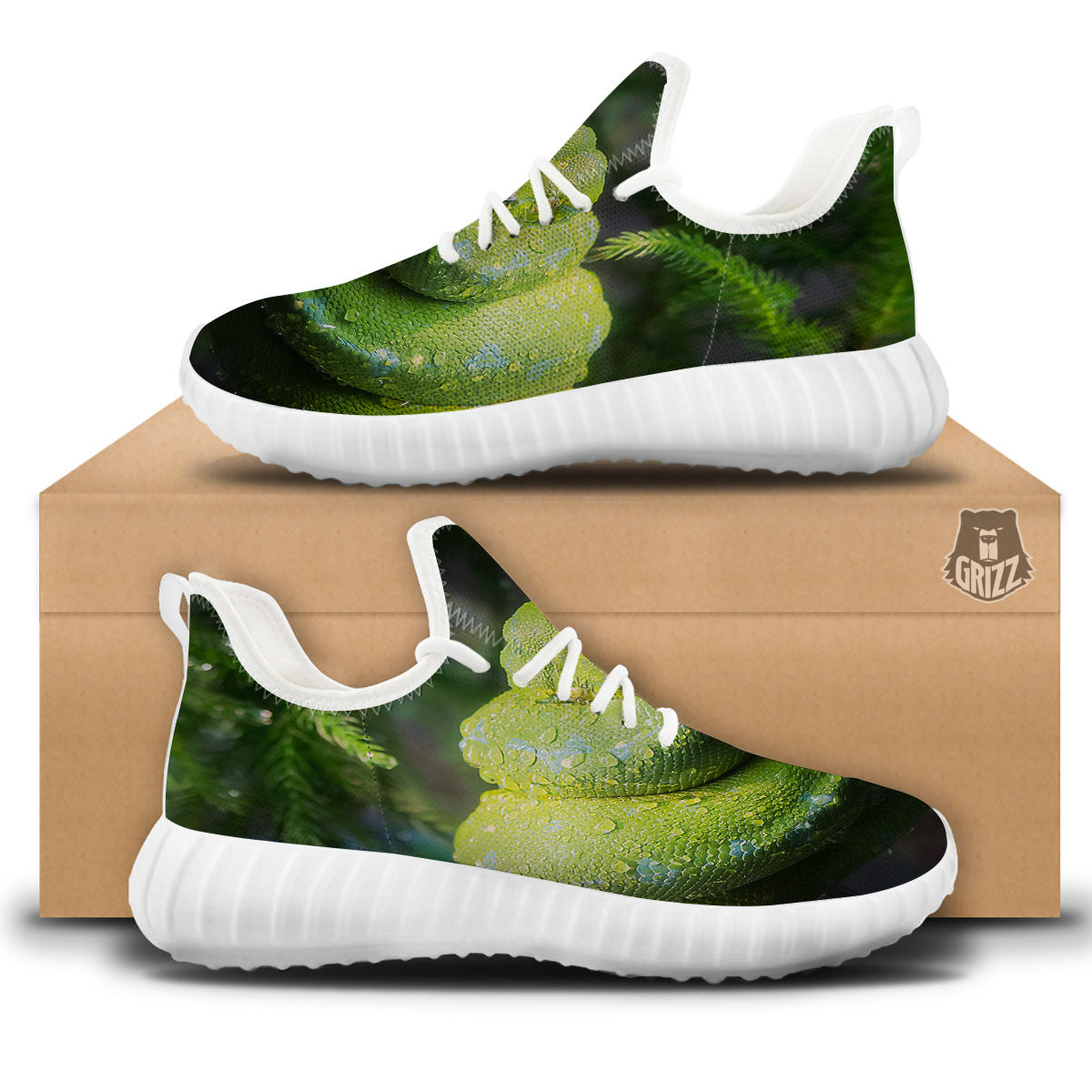 Python Snake Green Tree Print White Walking Shoes-grizzshop