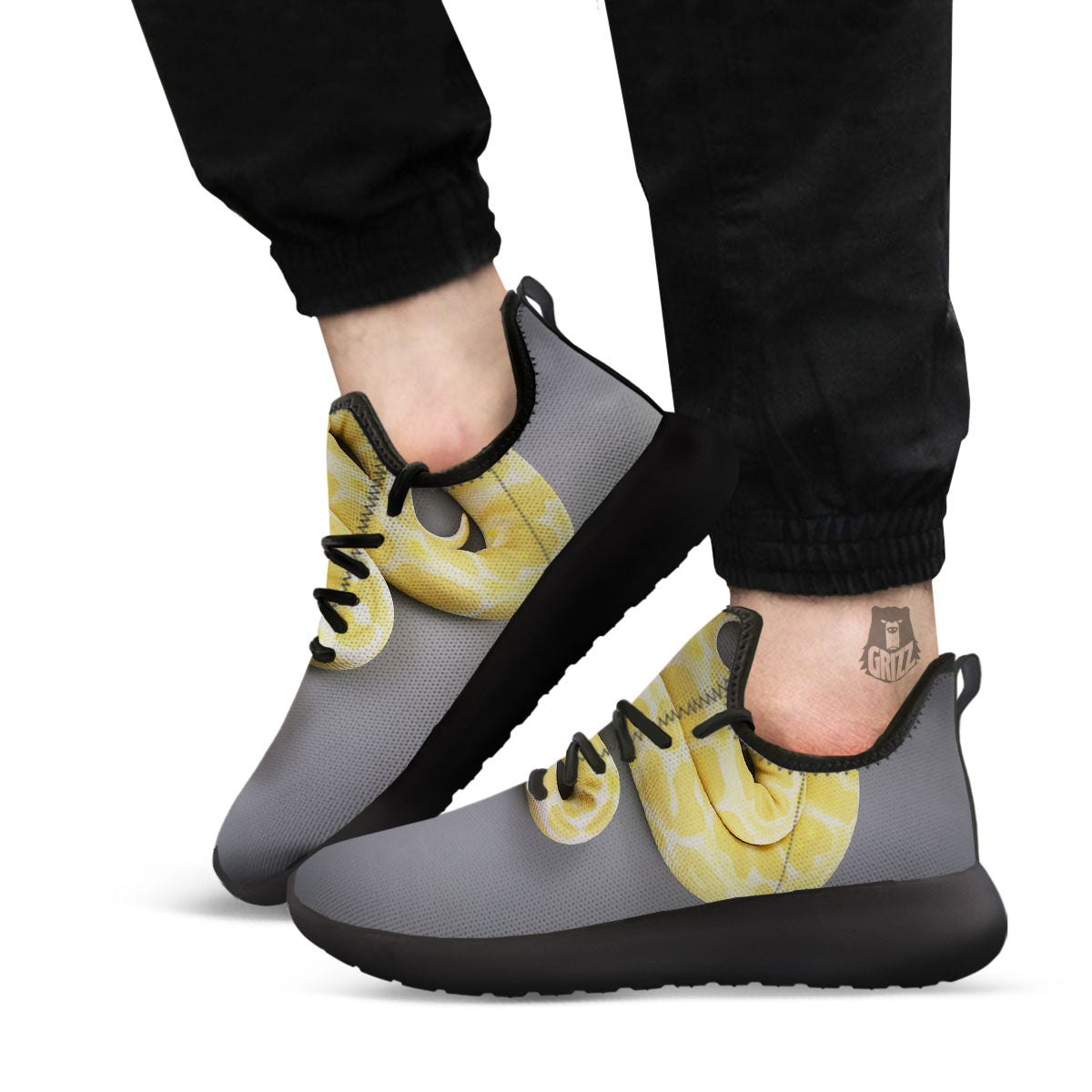 Python Snake Yellow And White Print Black Athletic Shoes-grizzshop