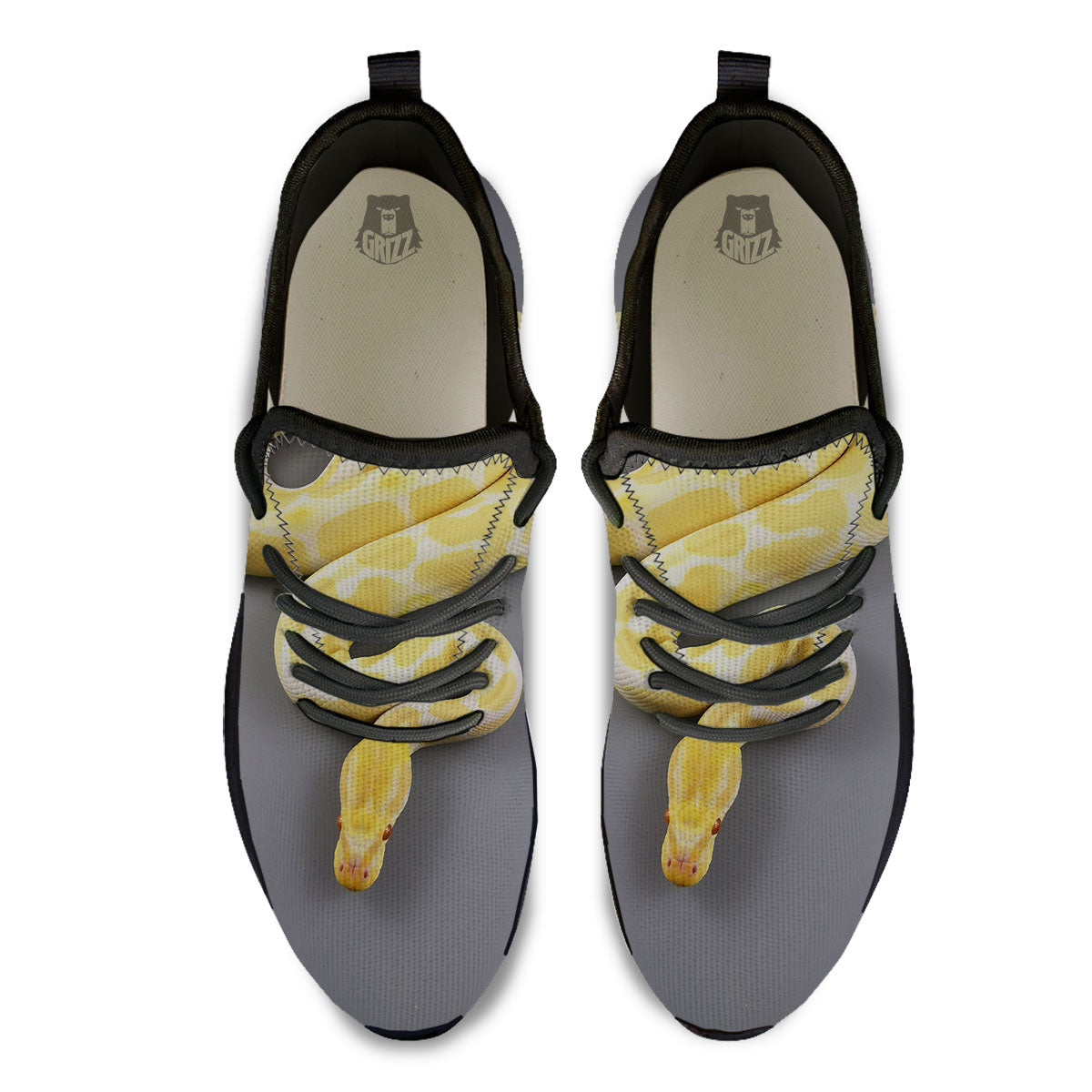 Python Snake Yellow And White Print Black Athletic Shoes-grizzshop
