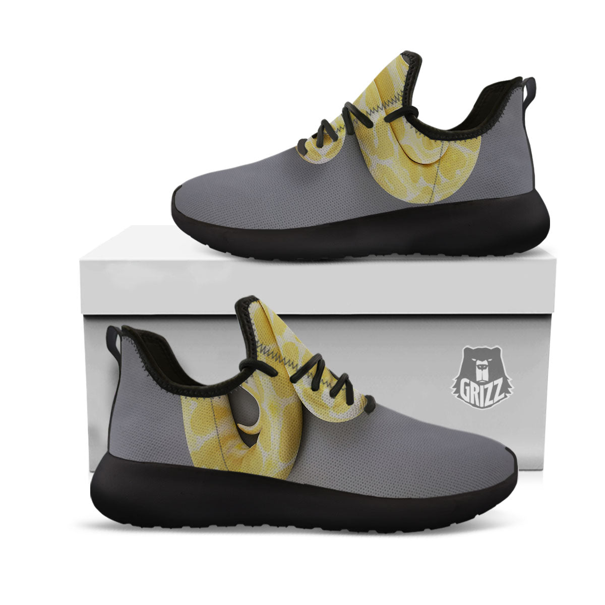 Python Snake Yellow And White Print Black Athletic Shoes-grizzshop