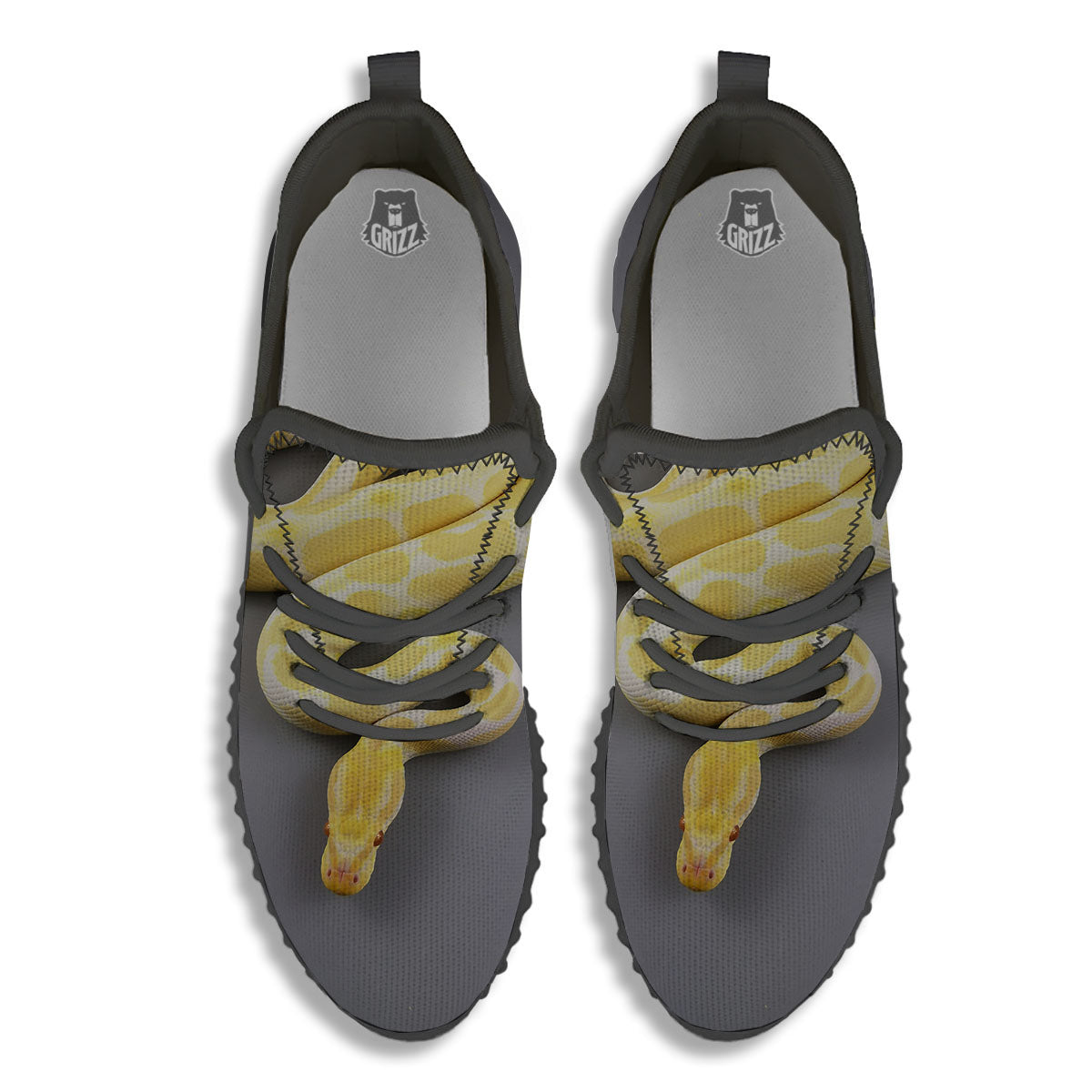 Python Snake Yellow And White Print Black Walking Shoes-grizzshop