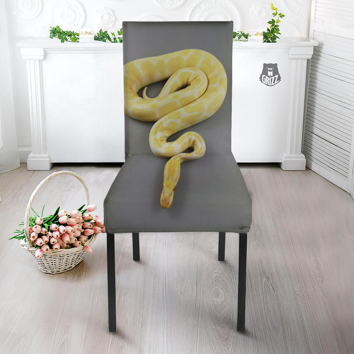 Python Snake Yellow And White Print Dining Chair Slipcover-grizzshop