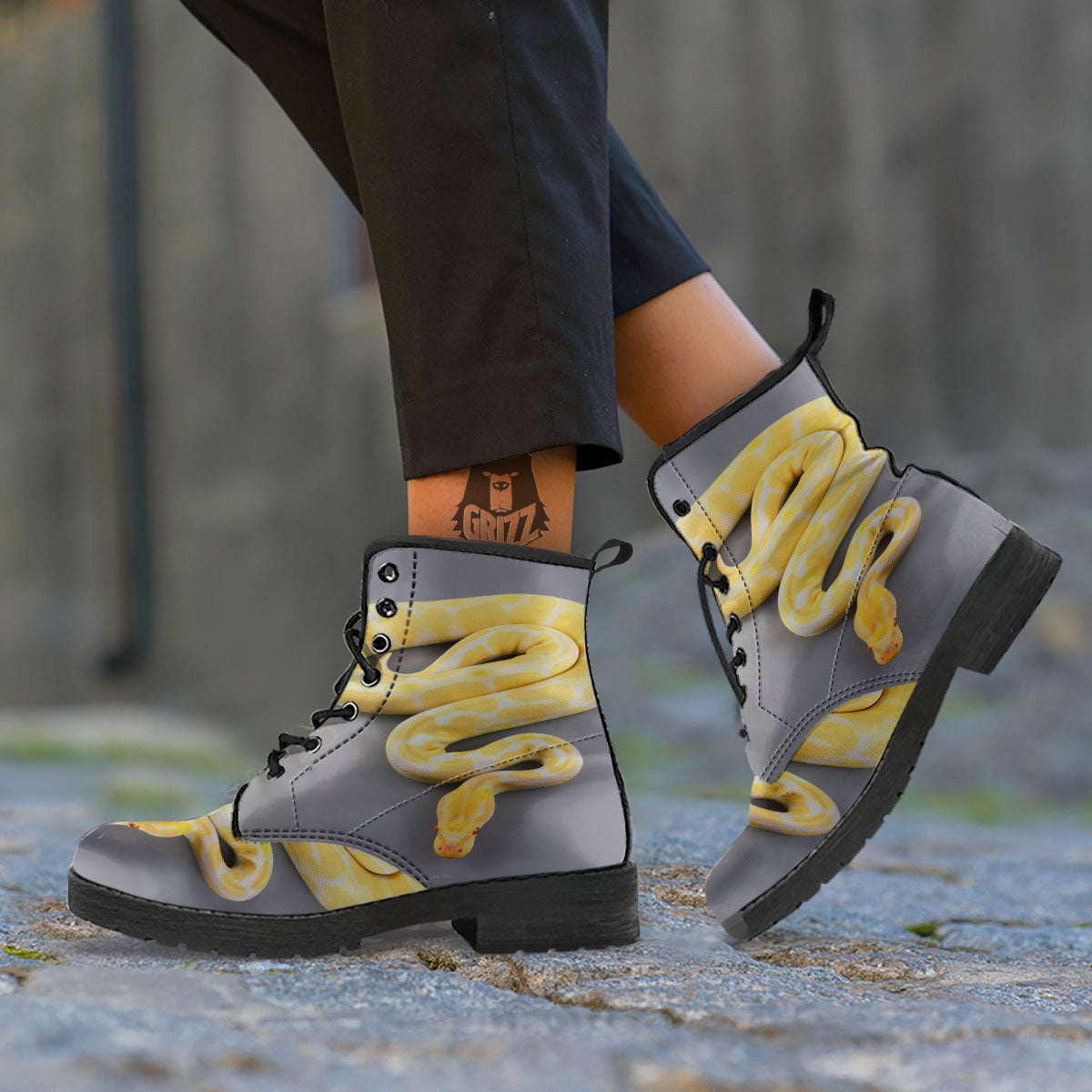 Python Snake Yellow And White Print Leather Boots-grizzshop