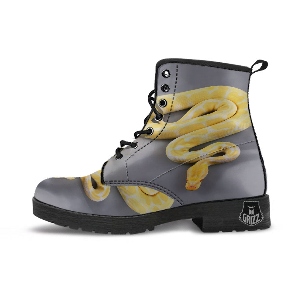 Python Snake Yellow And White Print Leather Boots-grizzshop