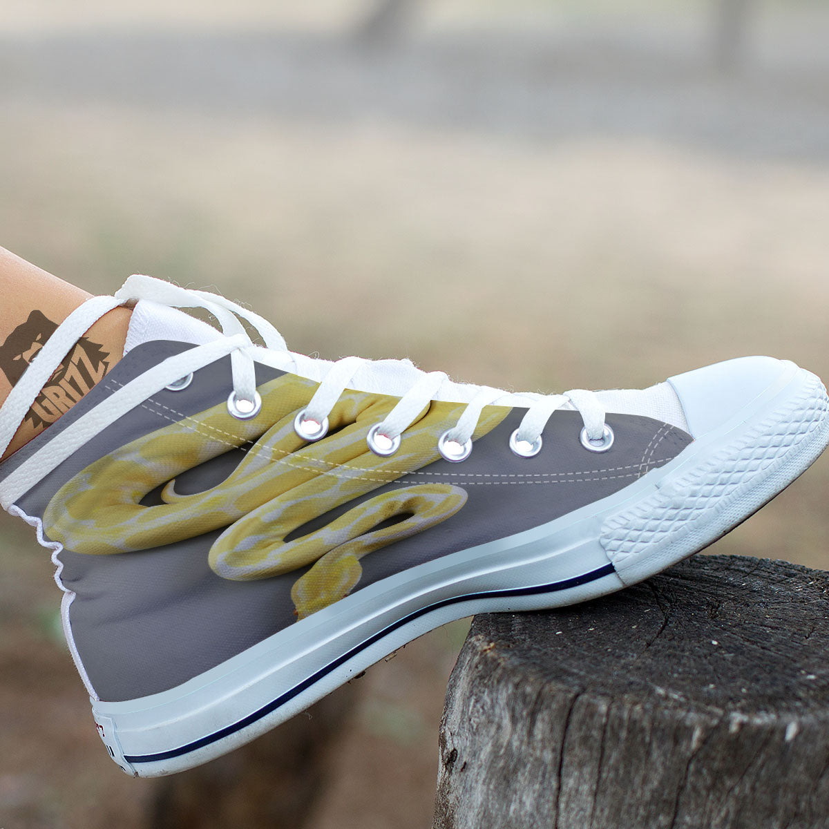 Python Snake Yellow And White Print White High Top Shoes-grizzshop