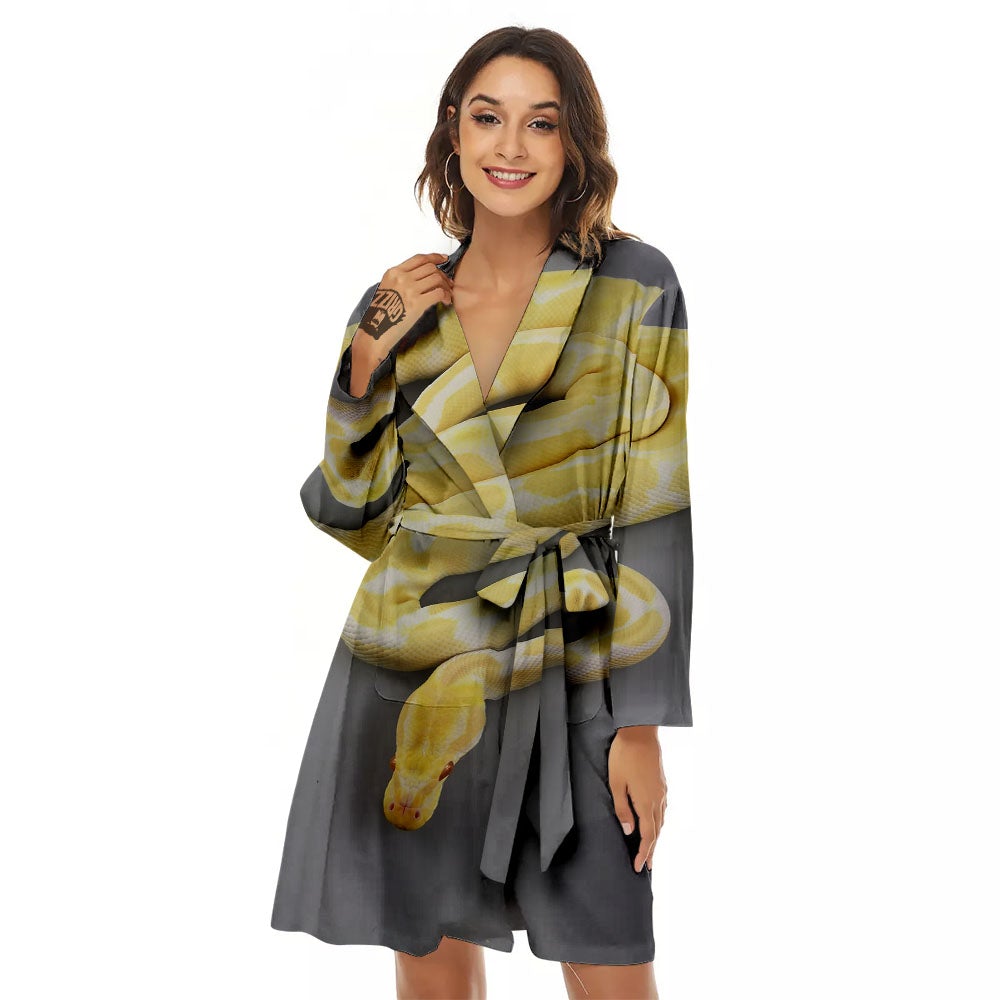 Python Snake Yellow And White Print Women's Robe-grizzshop