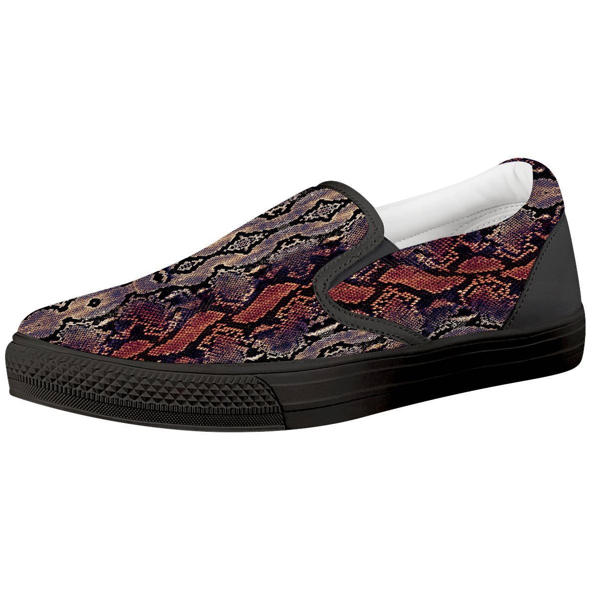 Python Snakeskin Brick Red Print Black Slip On Shoes-grizzshop