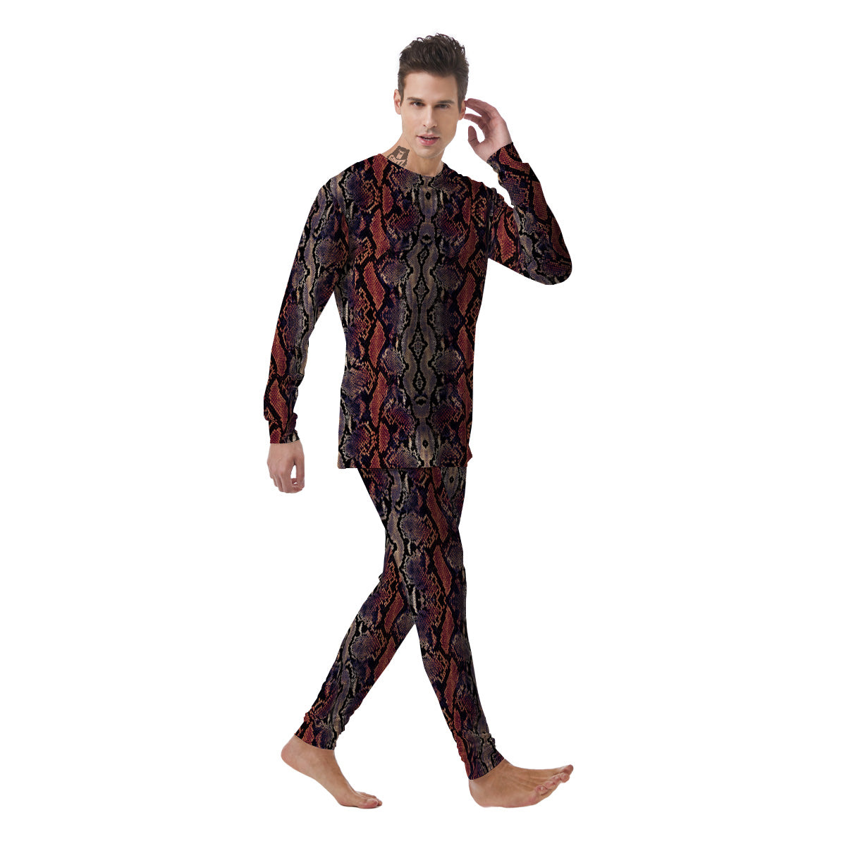 Python Snakeskin Brick Red Print Men's Pajamas-grizzshop