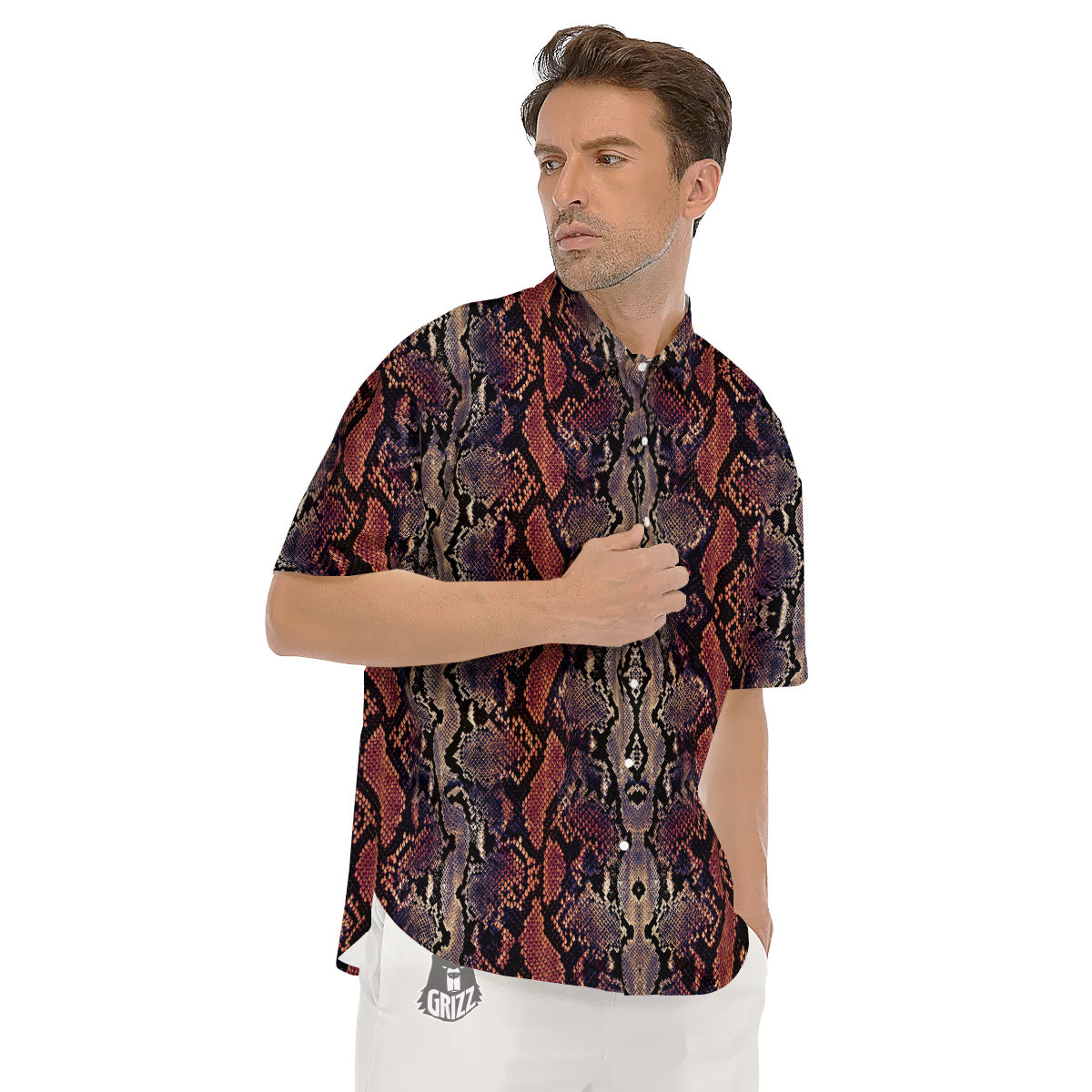 Python Snakeskin Brick Red Print Men's Short Sleeve Shirts-grizzshop