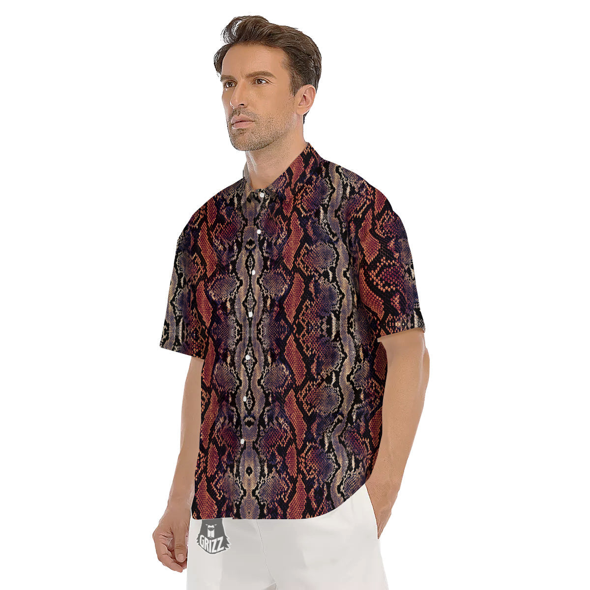 Python Snakeskin Brick Red Print Men's Short Sleeve Shirts-grizzshop