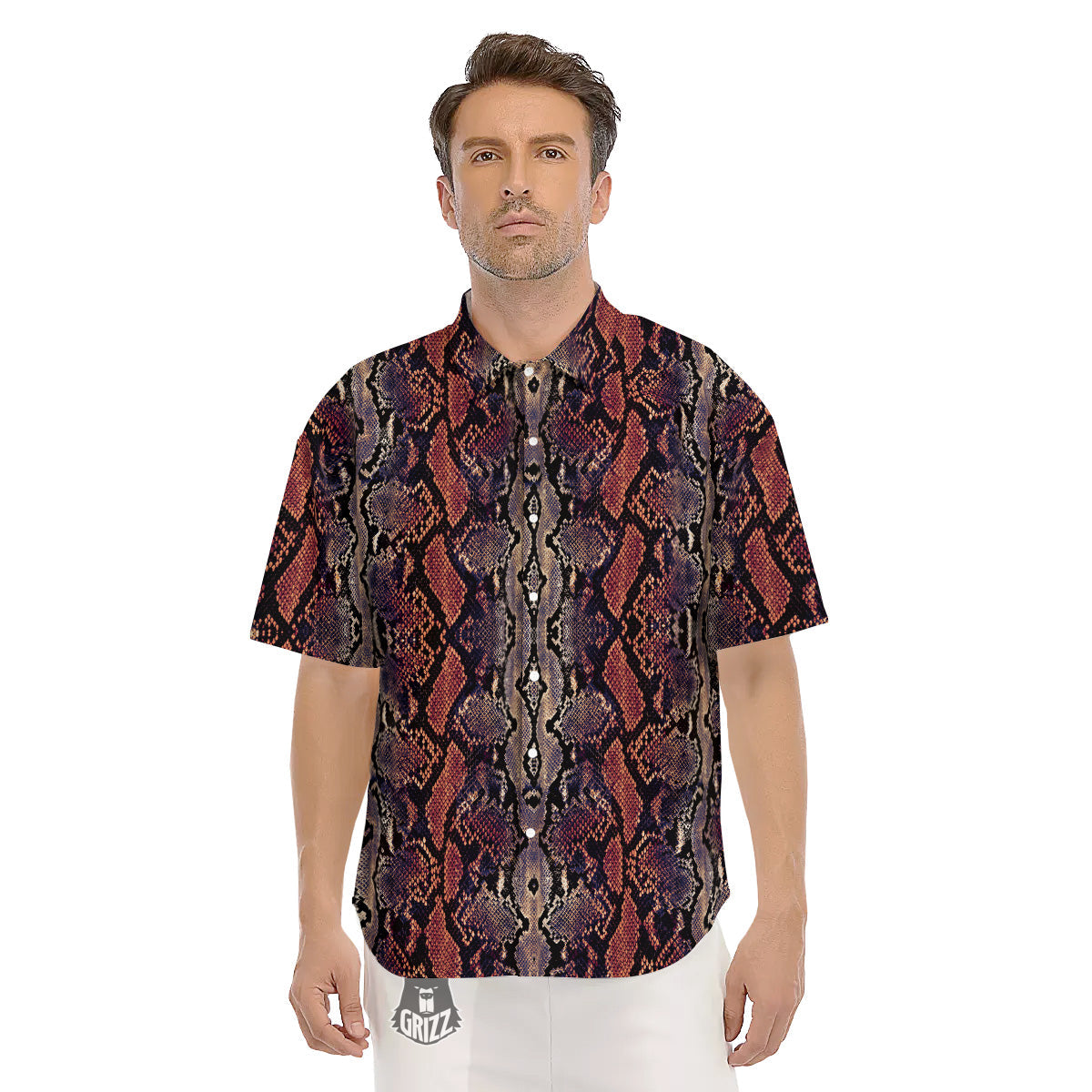 Python Snakeskin Brick Red Print Men's Short Sleeve Shirts-grizzshop