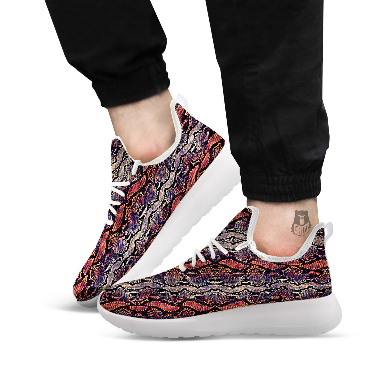 Python Snakeskin Brick Red Print White Athletic Shoes-grizzshop