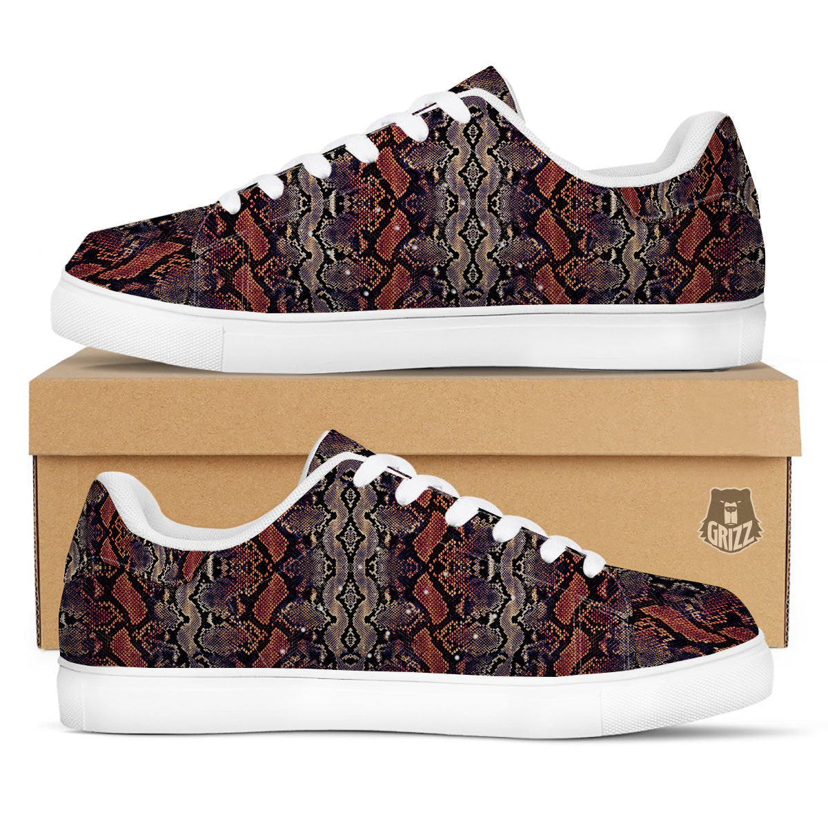 Python Snakeskin Brick Red Print White Low Top Sneakers-grizzshop