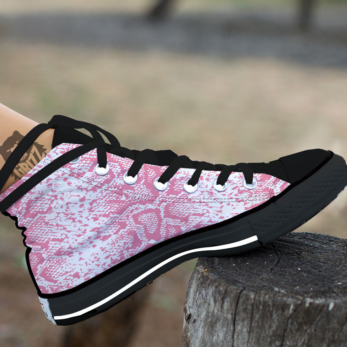 Python Snakeskin Pink Print Black High Top Shoes-grizzshop
