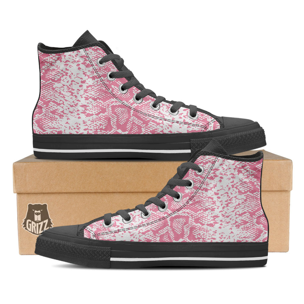Python Snakeskin Pink Print Black High Top Shoes-grizzshop