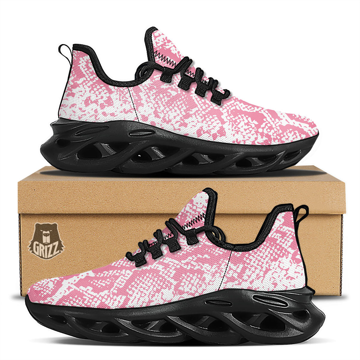 Python Snakeskin Pink Print Black Running Shoes-grizzshop