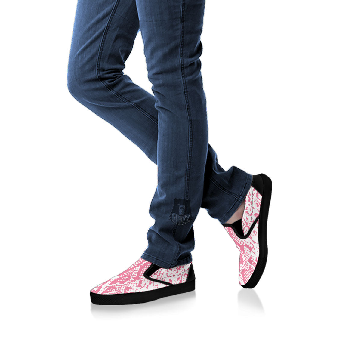 Python Snakeskin Pink Print Black Slip On Shoes-grizzshop