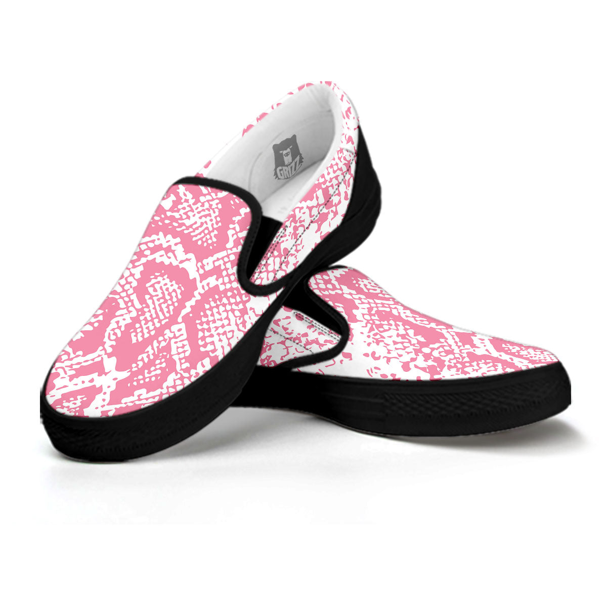 Python Snakeskin Pink Print Black Slip On Shoes-grizzshop