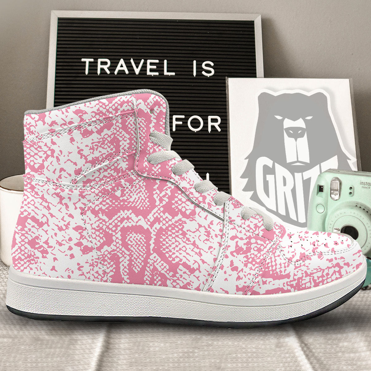 Python Snakeskin Pink Print High Top Sneakers-grizzshop