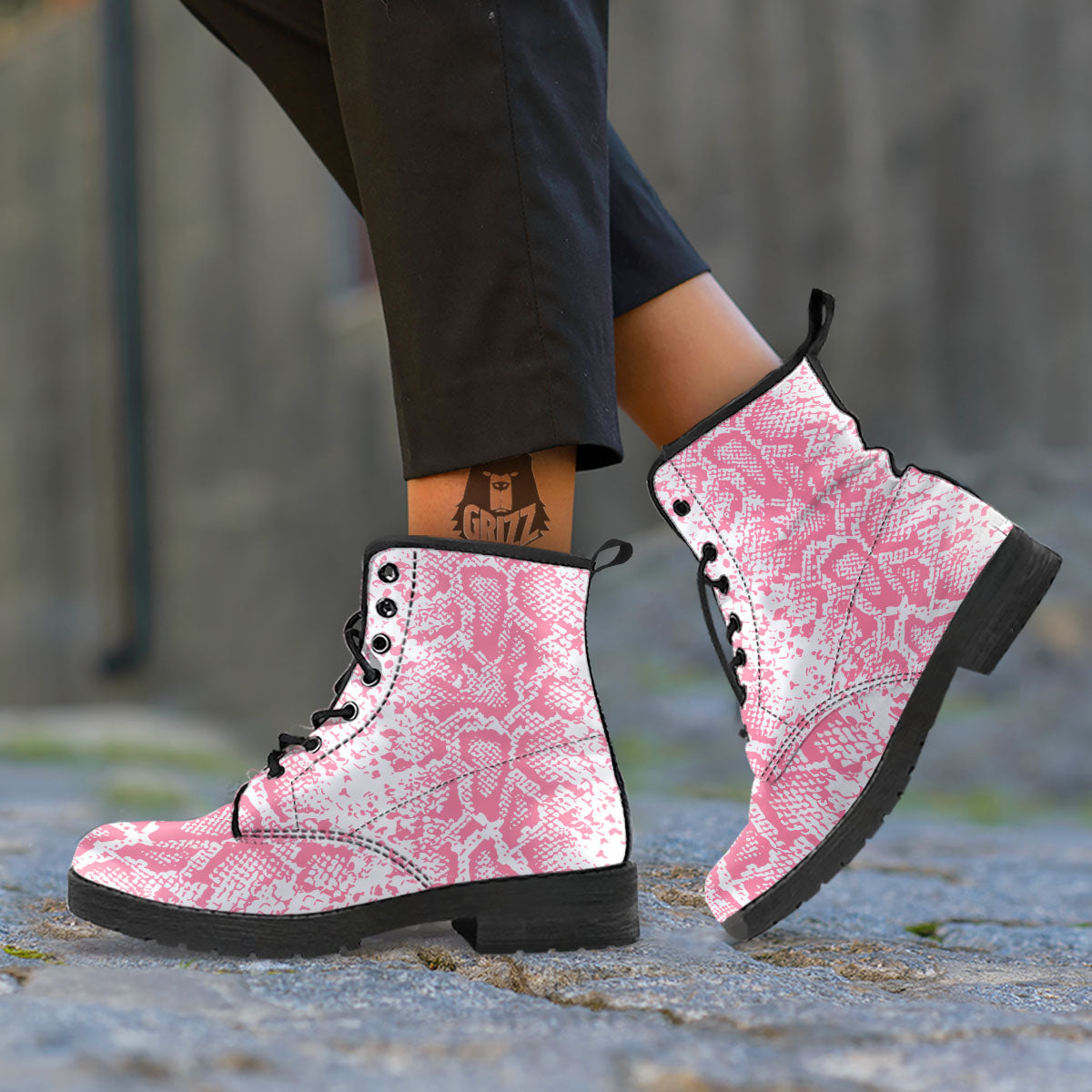 Python Snakeskin Pink Print Leather Boots-grizzshop